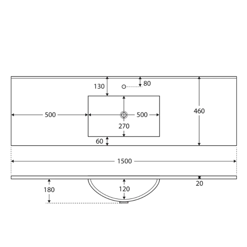 Fienza Vanessa Poly Marble Gloss White Basin Top, 1500mm, Single Bowl