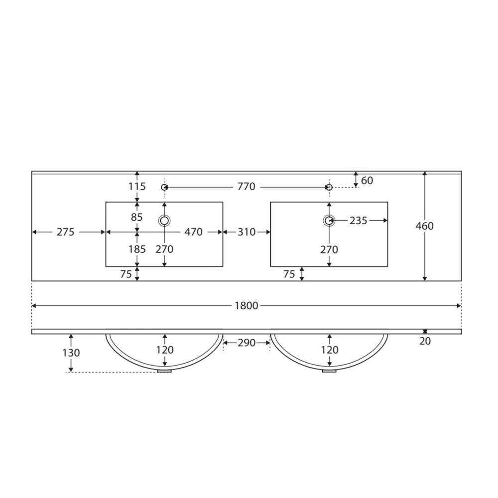 Fienza Vanessa Poly Marble Gloss White Basin Top, 1800mm, Double Bowl