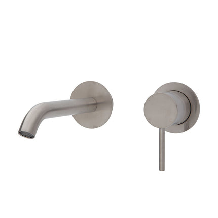 Fienza Kaya Wall Basin Mixer Tap Brushed Nickel, Round Plates , 160mm