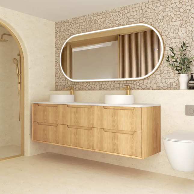 Otti Bruno Fluted Wall Hung Vanity with 2 Doors & 4 Drawers Soft Close Doors Woodland Oak 1790W X 550H X 460D