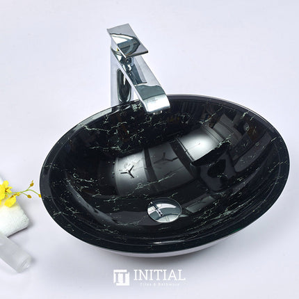Above Counter Tempered Glass Basin Gloss Black Double Layer Oval Basin 480x390x140 ,