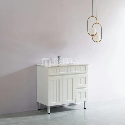 Modern Shaker Matt White Freestanding Floor Vanity Cabinet & Ceramic Top Right Hand Drawer 900X460X860 ,