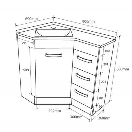 Fienza Gloss White Corner 6090 Vanity, Poly Marble Basin Top, 1 Tap Hole, Left Hand Basin ,