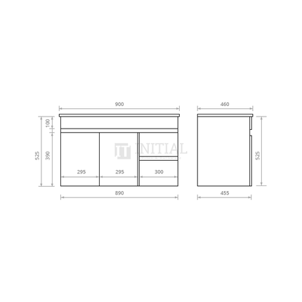 Essence Series Wood Grain Wall Hung Vanity with 2 Doors and 2 Drawers Right Side Oak 890W X 525H X 455D ,