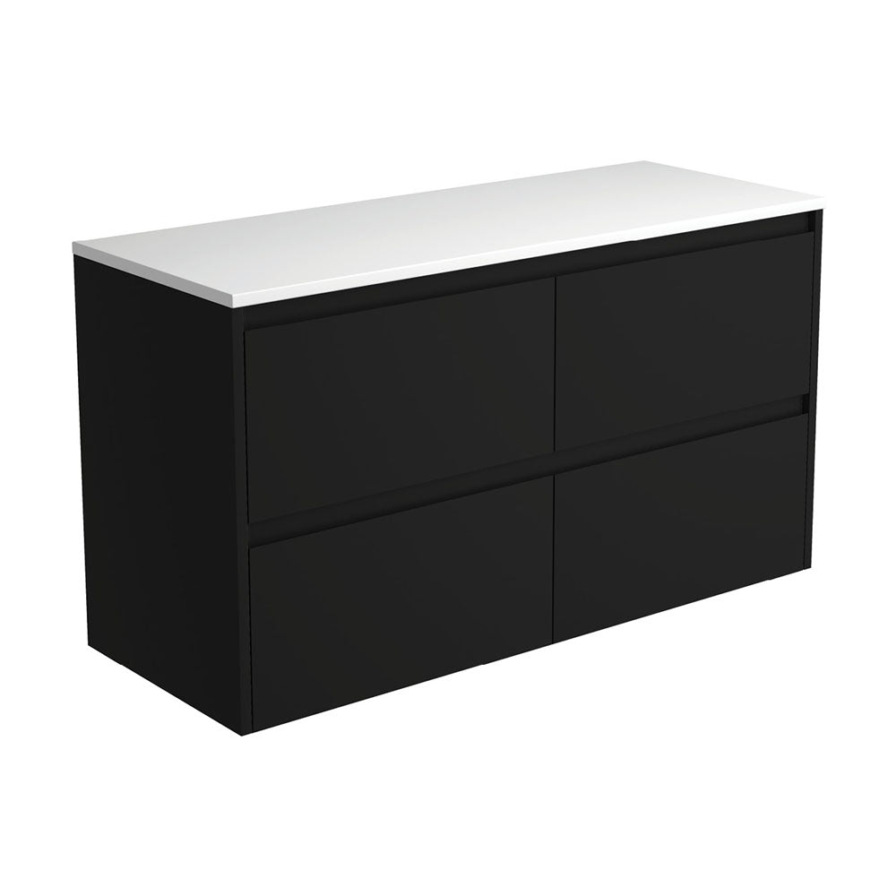 Fienza Amato Satin Black 1200 Wall Hung Cabinet, Solid Drawers, Bevelled edge , Cabinet Only Satin Black Panels
