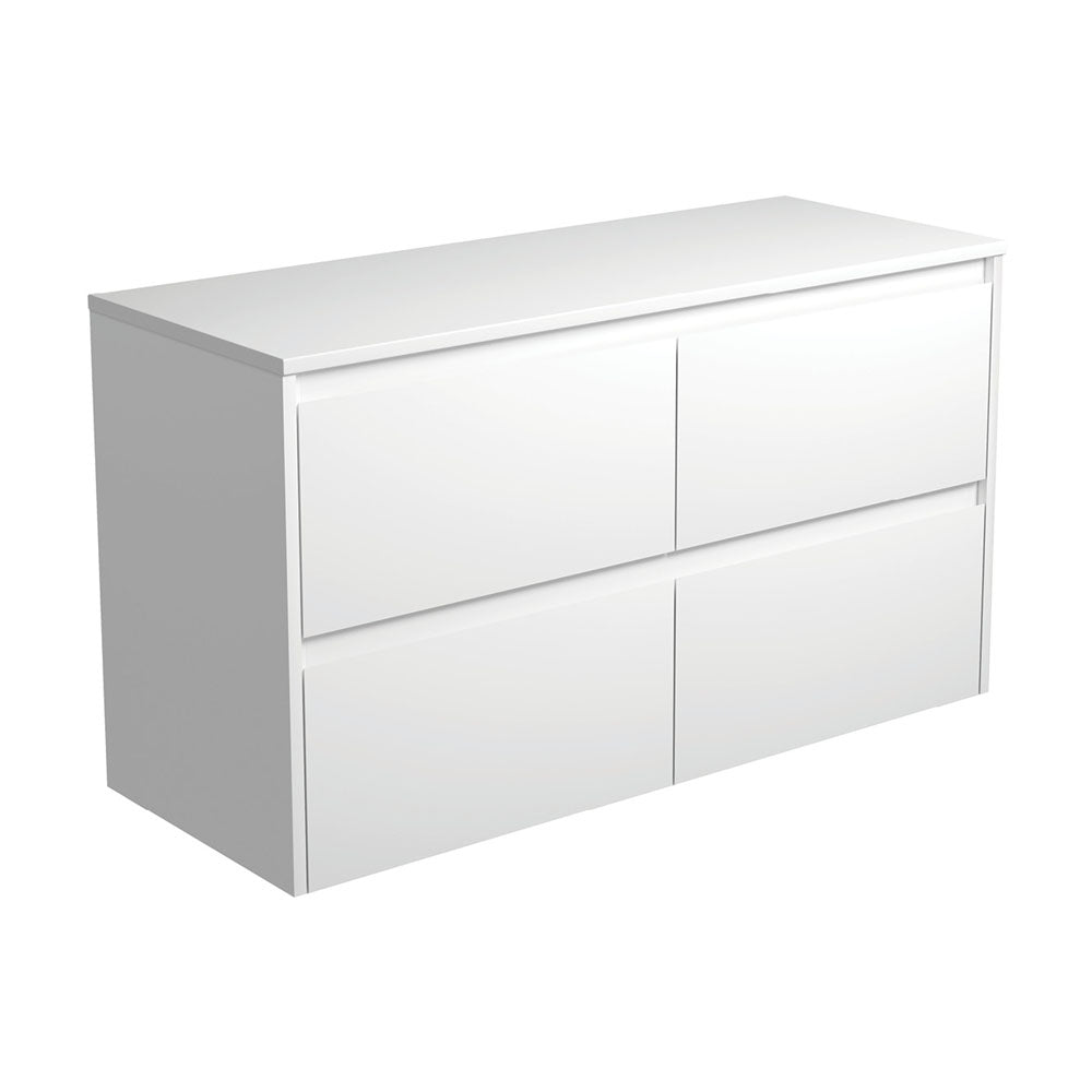 Fienza Amato Satin White 1200 Wall Hung Cabinet, Solid Drawers, Bevelled Edge , Cabinet Only Satin White Panels