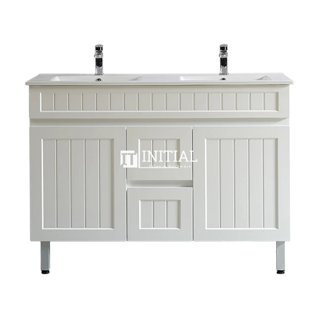 Modern Shaker Matt White Freestanding Floor Vanity Cabinet & Ceramic Top Double Bowl 1200X460X860 ,