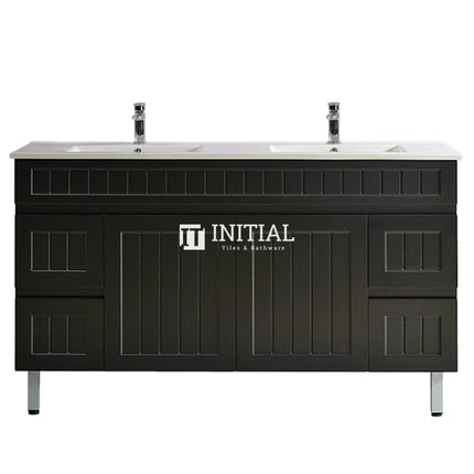 Modern Shaker Matt Black Freestanding Floor Vanity Cabinet & Ceramic Top Double Bowl 1500X460X860 ,