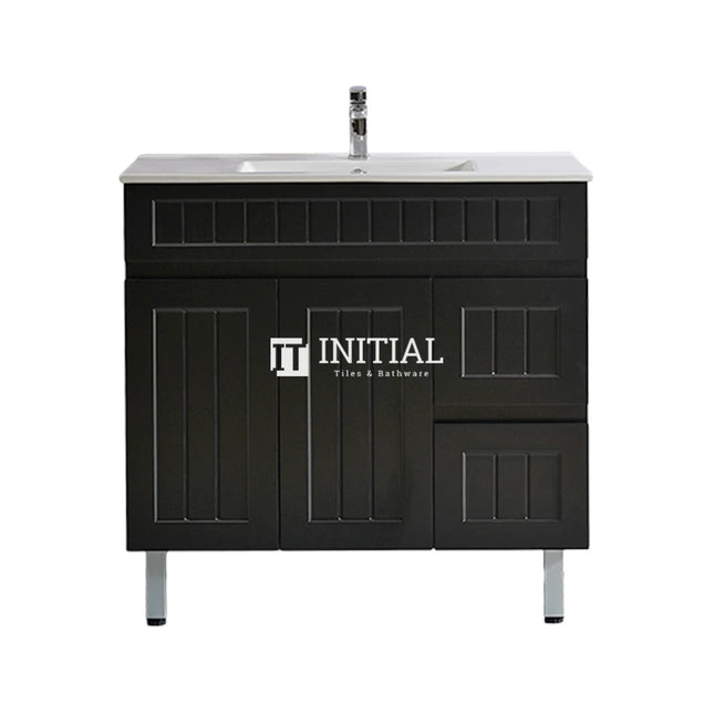 Modern Shaker Matt Black Freestanding Floor Vanity Cabinet & Ceramic Top Right Hand Drawer 900X460X860 ,