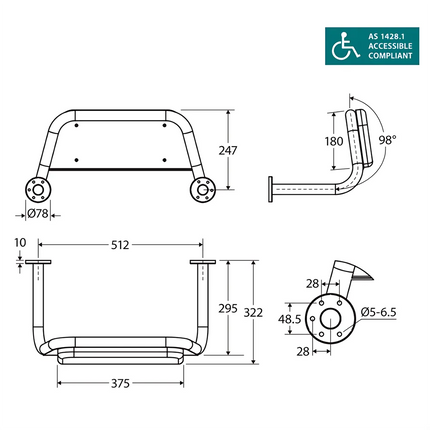 Fienza Stainless Steel Back Rest Matte Black For Accessible Toilet ,
