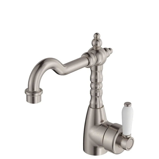 Fienza Eleanor Shepherds Crook Basin Mixer Brushed Nickel with Ceramic Handle