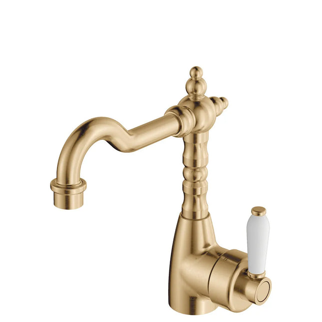 Fienza Eleanor Shepherds Crook Basin Mixer Urban Brass with Ceramic Handle
