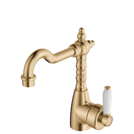 Fienza Eleanor Shepherds Crook Basin Mixer Urban Brass with Ceramic Handle