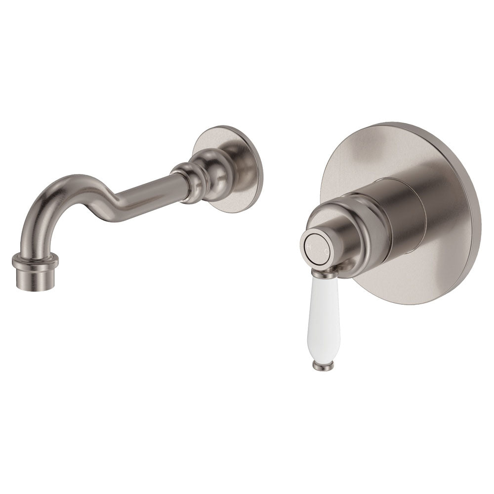 Fienza Eleanor Wall Basin Mixer Set Brushed Nickel with White Handle, 215mm Outlet , Default Title