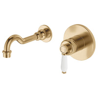 Fienza Eleanor Wall Basin Mixer Set Gold with White Handle, 215mm Outlet , Default Title