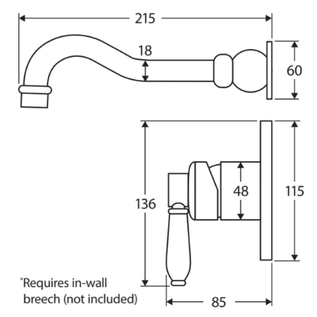 Fienza Eleanor Wall Basin Mixer Set Brushed Nickel, 215mm Outlet ,