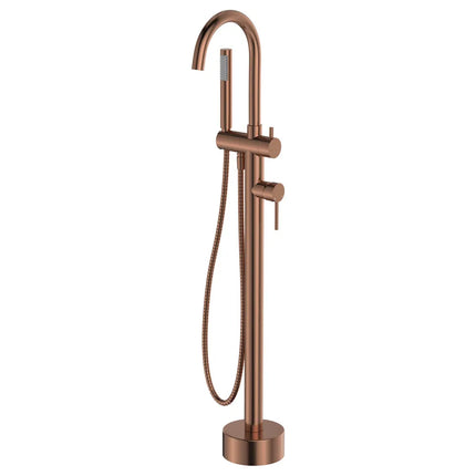 Fienza Kaya Floor Mounted Bath Mixer With Hand Shower, Brushed Copper