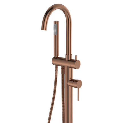 Fienza Kaya Floor Mounted Bath Mixer With Hand Shower, Brushed Copper