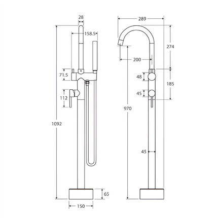 Fienza Kaya Floor Mounted Bath Mixer With Hand Shower, Brushed Copper