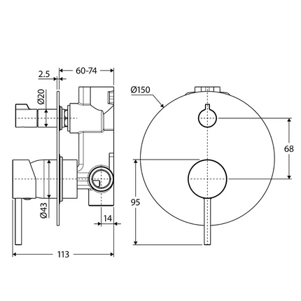 Kaya Wall Diverter Mixer Round Plate Chrome ,