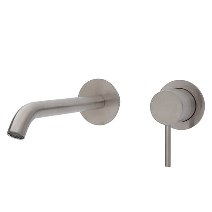 Fienza Kaya Wall Basin Mixer Tap Brushed Nickel, Round Plates , 200mm