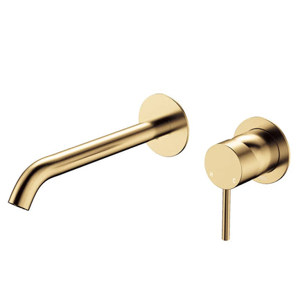 Fienza Kaya Wall Basin Mixer Tap Brass Gold, Round Plates , 200mm