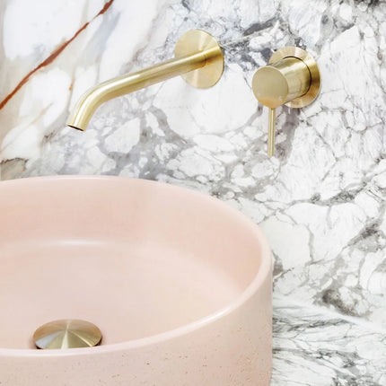 Fienza Kaya Wall Basin Mixer Tap Brass Gold, Round Plates ,