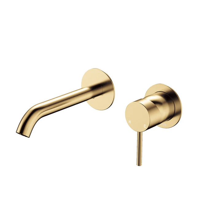 Fienza Kaya Wall Basin Mixer Tap Brass Gold, Round Plates , 160mm