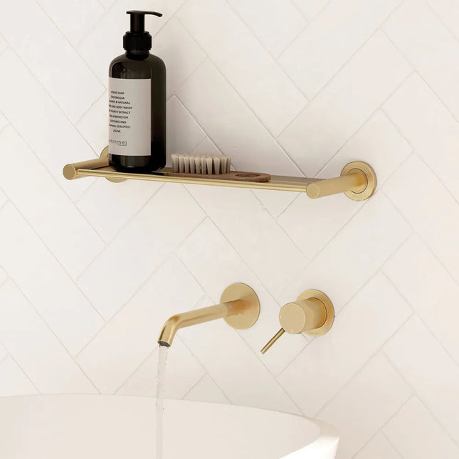 Fienza Kaya Wall Basin Mixer Tap Brass Gold, Round Plates ,