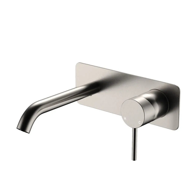 Fienza Kaya Basin/Bath Wall Mixer Set Rectangular Plate Brushed Nickel , 160mm