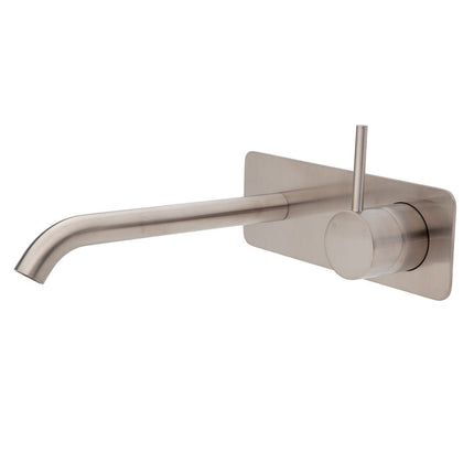 Fienza Kaya Up Wall Basin Mixer Brushed Nickel, Square Plate , 200mm