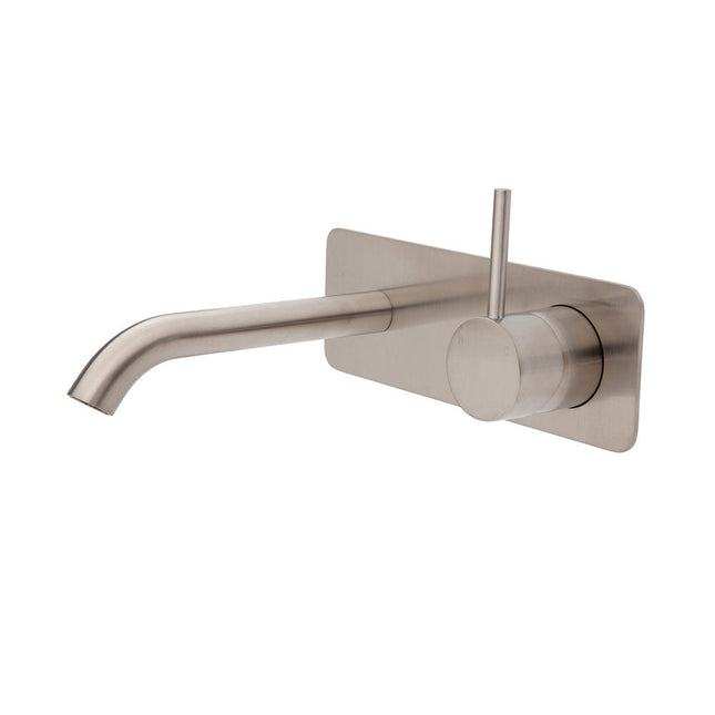 Fienza Kaya Up Wall Basin Mixer Brushed Nickel, Square Plate , 160mm