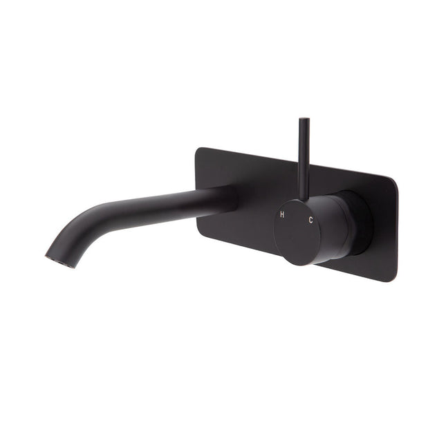 Fienza Kaya Up Wall Basin Mixer Matte Black, Square Plate , 160mm