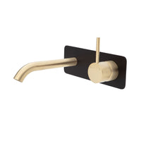 Fienza Kaya Up Wall Basin Mixer Gold, Matte Black Square Plate, 160mm Outlet ,