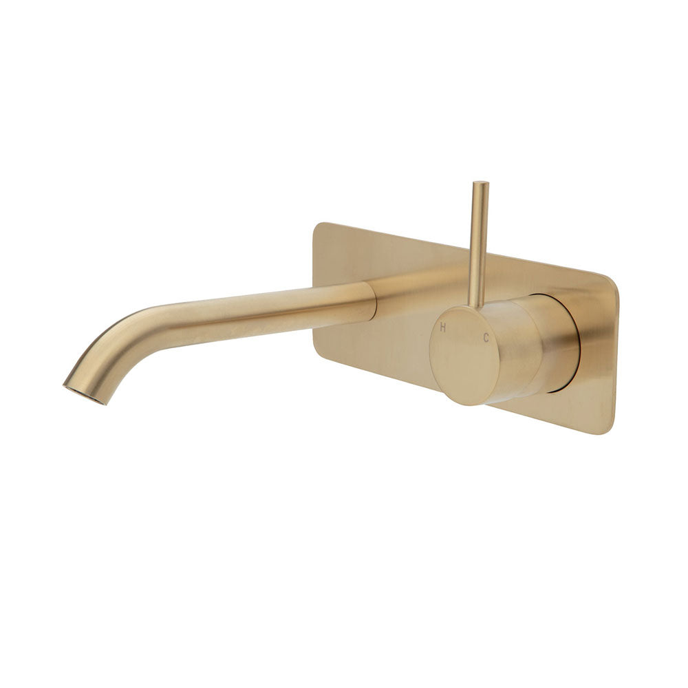 Fienza Kaya Up Wall Basin Mixer Gold, Square Plate, 160mm Outlet ,
