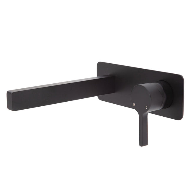 Fienza Sansa Wall Basin Mixer Set Matte Black with Square Plate ,