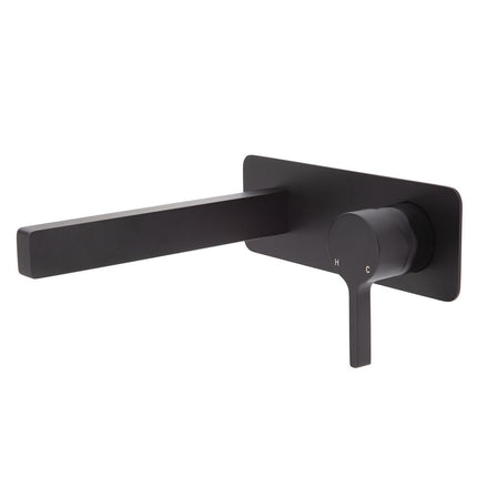 Fienza Sansa Wall Basin Mixer Set Matte Black with Square Plate ,