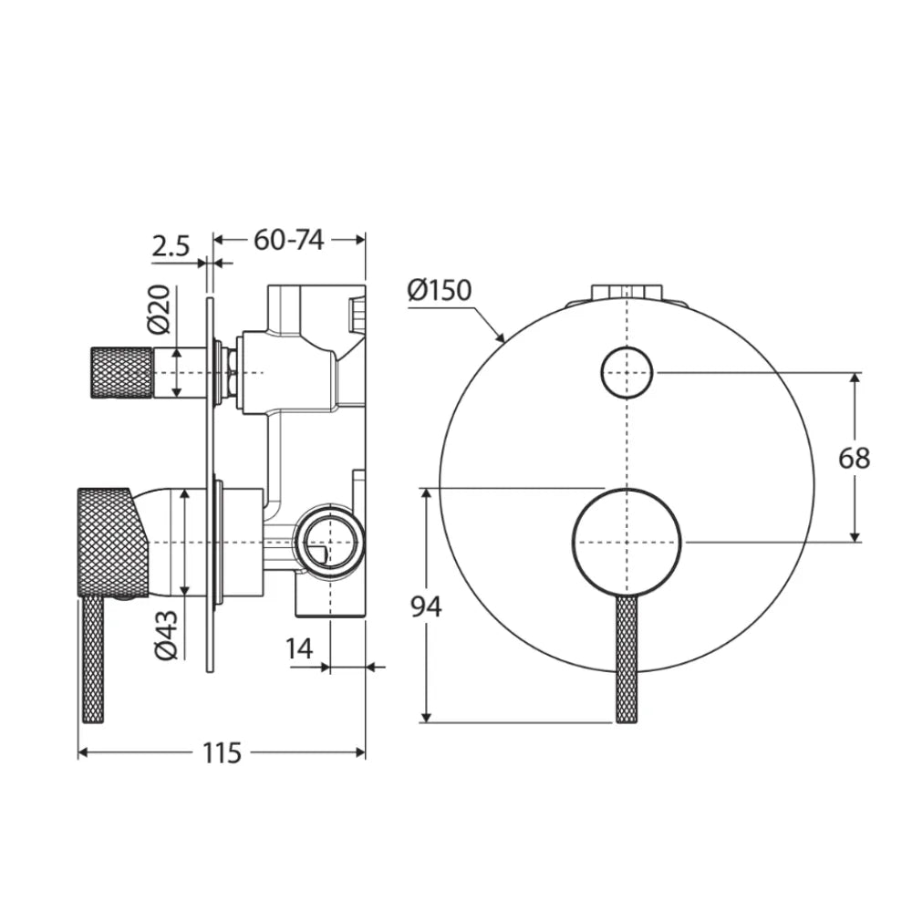 Fienza Axle Matte Black Wall Shower Diverter Mixer, Large Round Plate ,