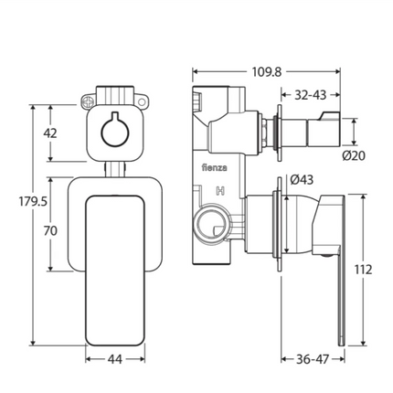 Fienza Tono Wall Diverter Mixer Small Square Plates Chrome ,