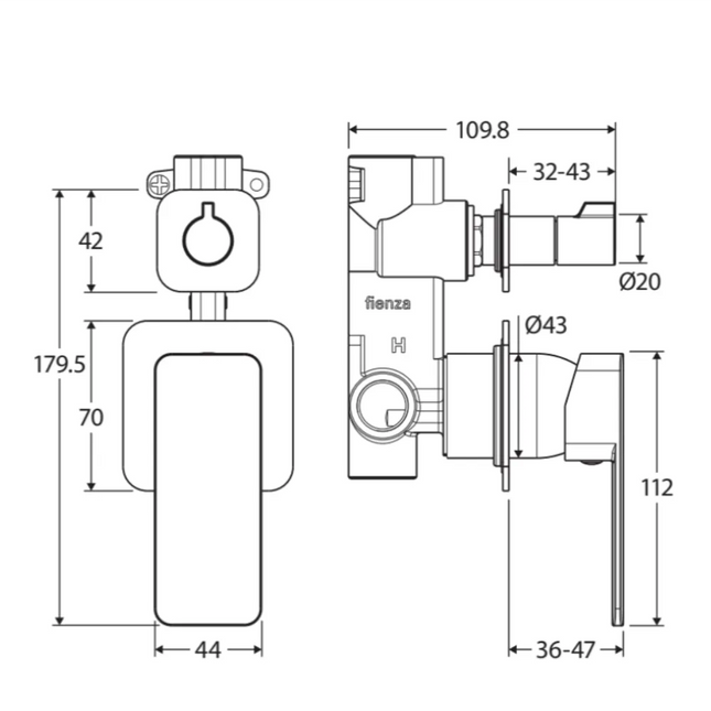 Fienza Tono Wall Diverter Mixer Small Square Plates Chrome ,