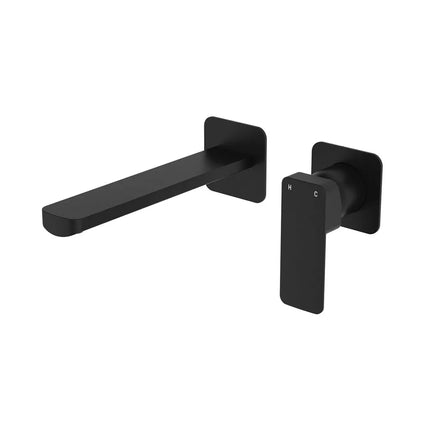 Fienza Tono Basin/Bath Wall Mixer Set Small Square Plates Matte Black , 200mm