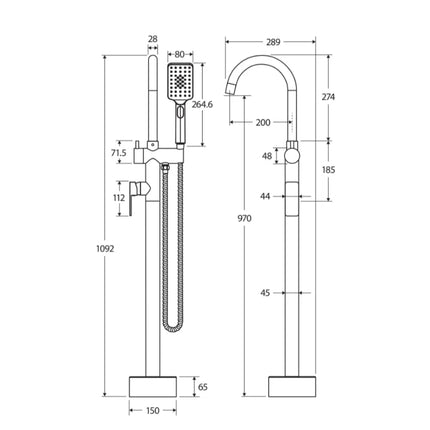 Fienza Tono Floor Mounted Bath Mixer with Hand Shower Chrome ,