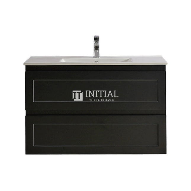 Fremantle Hampton Style Matte Black Wall Hung Vanity Cabinet & Ceramic Top 890W X 450H X 560D ,