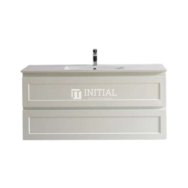 Fremantle Hampton Style Matte White Wall Hung Vanity Cabinet & Ceramic Top Single Bowl 1190W X 450H X 560D ,