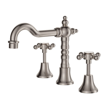 Fienza Lillian Shepherds Crook Brushed Nickel Basin Set, Swivel Function, 3 Piece Tapware ,