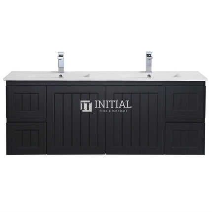 Modern Shaker Matt Black Wall Hung Vanity Cabinet & Ceramic Top Double Bowl 1490W X 450H X 560D ,