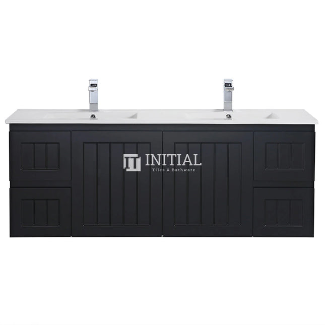 Modern Shaker Matt Black Wall Hung Vanity Cabinet & Ceramic Top Double Bowl 1490W X 450H X 560D ,