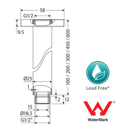 Fienza Round Chrome Ceiling Dropper, 5 Lengths ,