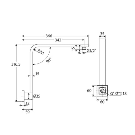 Fienza Square Chrome 350mm Fixed Gooseneck Shower Arm ,