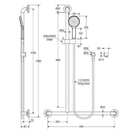 Fienza Hustle Care Right Hand Inverted T Rail Shower, Matte Black ,